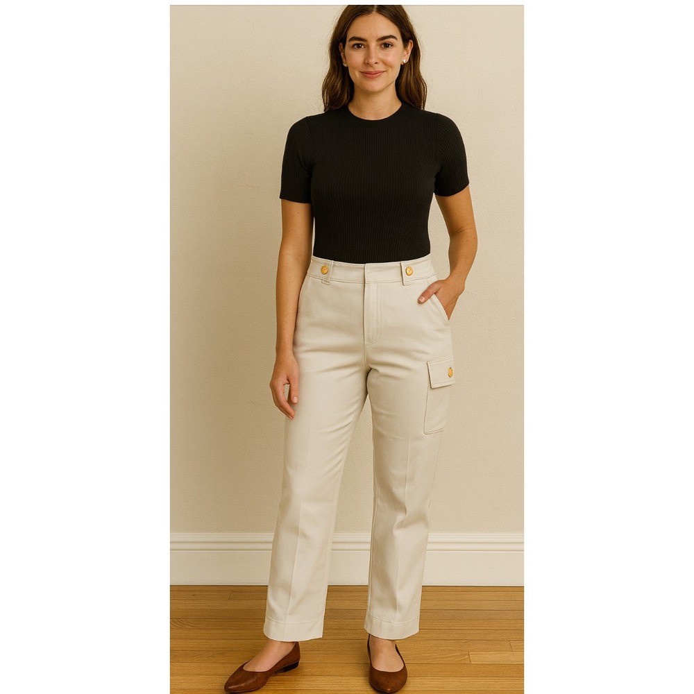 St. John Sport Cargo Straight Leg Pants Womens 12 Beige Gold Button Luxury